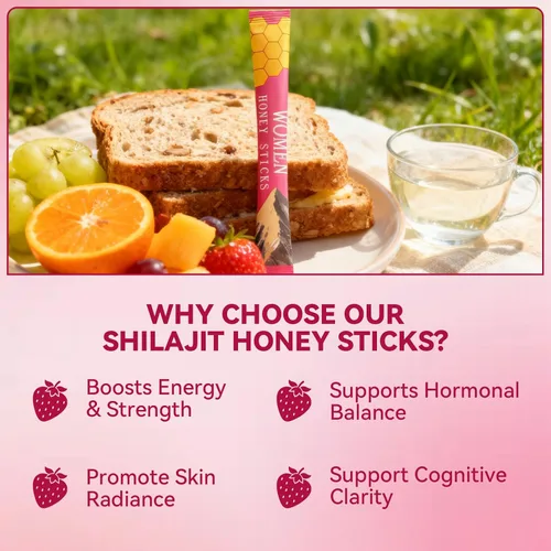 Vista 5 de Palitos de miel Shilajit para mujer, energía natural y potenciador de vitalidad con shatavari y azafrán, palitos de miel de fresa para equilibrio