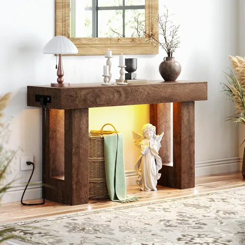 Vista 14 de Unikito Mesa de entrada de 32 pulgadas con enchufe y sensor de luz, mesa consola estrecha con almacenamiento detrás del sofá, mesa de entrada