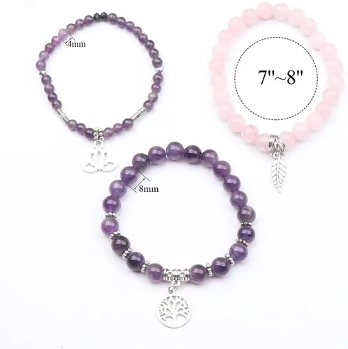 Vista 2 de UEUC - Pulseras Reiki, apilables, de piedras curativas, cristales, con dije del árbol de la vida, yoga y hoja de loto, contra la ansiedad