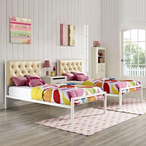 Vista 18 de Modway Mia - Base de cama de piel sintética copetuda, tamaño individual, color blanco y blanco
