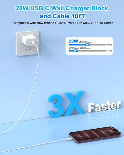 Vista 2 de Matsusho Cargador para iPhone 17 y 16 de carga rápida de 10 pies, paquete de 2 bloques de cargador de pared USB C de 20 W con cable de carga tipo C