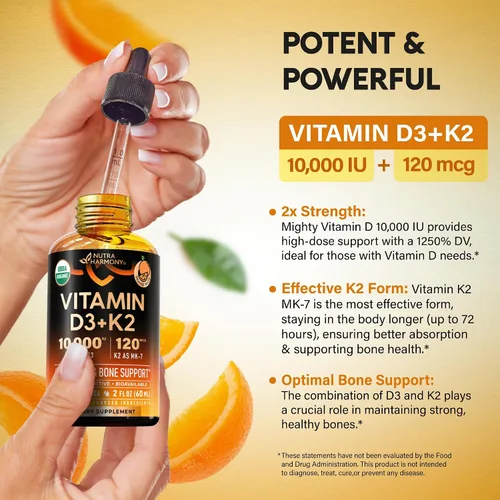 Vista 5 de Gotas Orgánicas USDA de Vitamina D3 K2 – Vitamina D3 10000 UI y K2 como MK-7 120mcg – Apoyo inmunológico y del estado de ánimo, salud de huesos