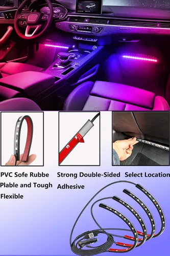 Vista 3 de Luces interiores de automóvil RGB Muto-Beam 4 tiras de luz LED multicolor para automóvil con control de aplicación, luces RGB con modo de bricolaje