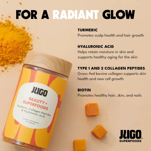 Vista 2 de JUGO Beauty + SUPERFOODS - Gomitas de colágeno para cabello, piel y uñas, suplemento de ácido hialurónico y cúrcuma, sin crueldad, sin gelatina