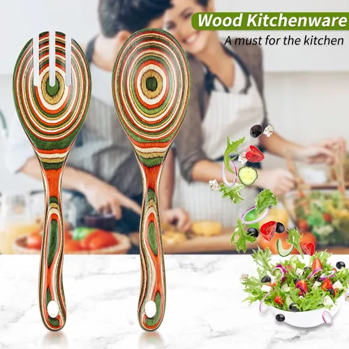 Vista 8 de Pinzas para ensalada, cucharas de madera de Pakkawood, tenedor