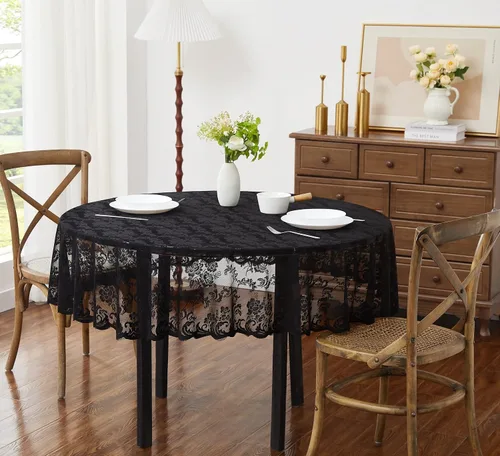 Vista 2 de Warm Home Designs Mantel Redondo Gótico. Cubierta de Mesa Circular Negra de 60 Pulgadas. Elegante Mantel Pequeño de Halloween con Diseño Floral