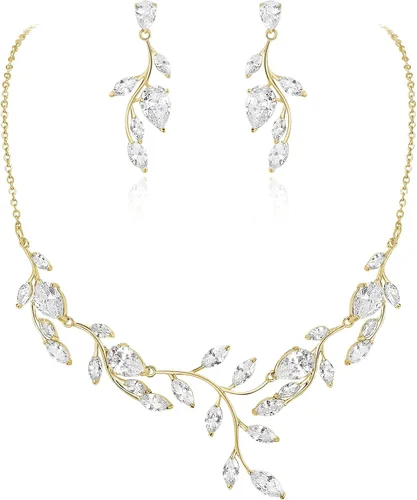 Vista 23 de Cubic Zirconia Drop Leaf Vine Wedding Prom Jewelry Set for Bride Bridesmaid