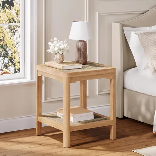 Vista 25 de Eclatara Mesitas de noche de ratán, mesa auxiliar de 2 niveles para dormitorio, mesa auxiliar de polígono decorativa para espacios pequeños, mesa