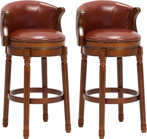 Vista 13 de RAINMOOD Taburete de bar, taburetes de bar giratorios de estilo moderno de mediados de siglo con asiento de cuero y patas de madera, silla