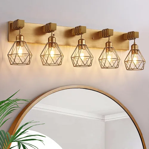 Vista 13 de Lámpara de tocador estilo casa de campo para baño, luminarias de tocador de baño de 2 luces negra dorada de madera sobre espejo, apliques rústicos