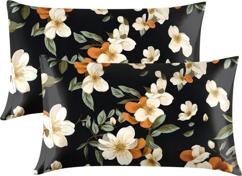 Vista 12 de EXQ Home - Funda de almohada de satén para cuidar el cabello y la piel, tamaño estándar, de seda con estampado negro, juego de 2 fundas con cierre