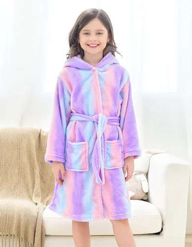 Vista 6 de Doctor Unicorn Suave bata de baño con capucha arcoíris para niñas