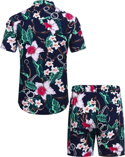 Vista 3 de COOFANDY - Conjunto de camisa hawaiana floreada de manga corta con botones para hombre