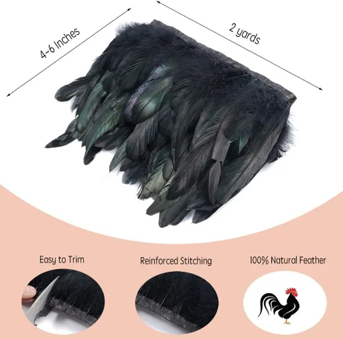 Vista 2 de Shekyeon Borde de flecos de plumas de gallo de 2 yardas para decoración de disfraces (negro)