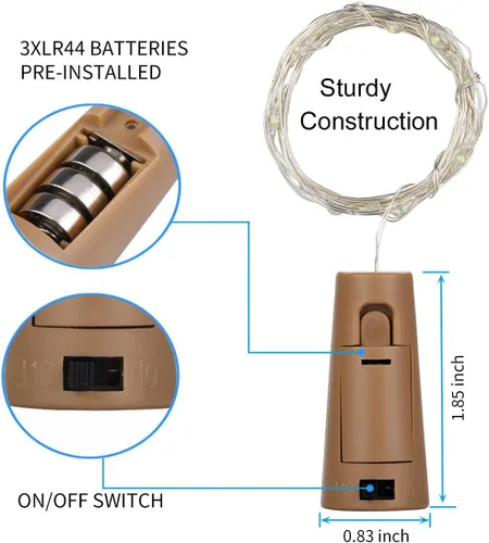 Vista 3 de Paquete de 20 luces para botellas de vino con corcho que funcionan con pilas, 20 luces LED de alambre plateado para botellas de licor, tarros