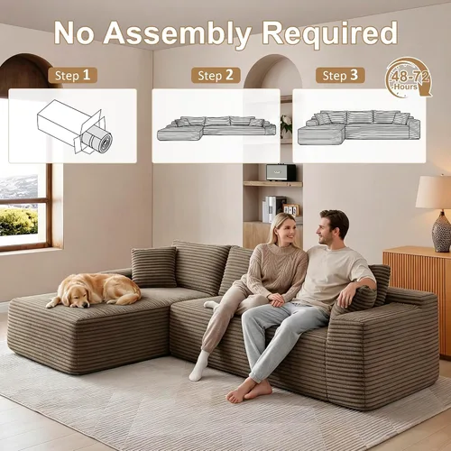 Vista 6 de Sofá modular en forma de L de 108 pulgadas, sofá modular sin hueso para sala de estar, cómodo sofá esponjoso de pana con asiento profundo Camel