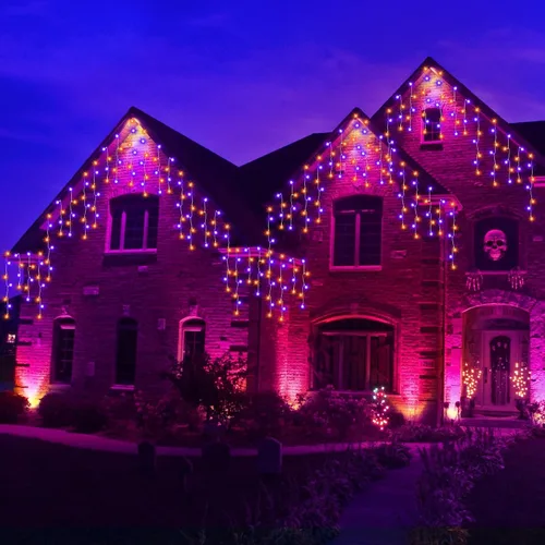 Vista 6 de Luces de Halloween para exteriores de 52 pies, 480 luces LED de Halloween moradas y naranjas, 12 modos de iluminación con temporizador de memoria
