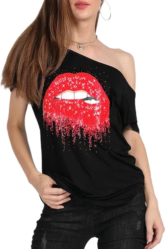 Vista 85 de MAGICMK - Camiseta casual para mujer, con estampado de labios y hombro descubierto, talla extragrande