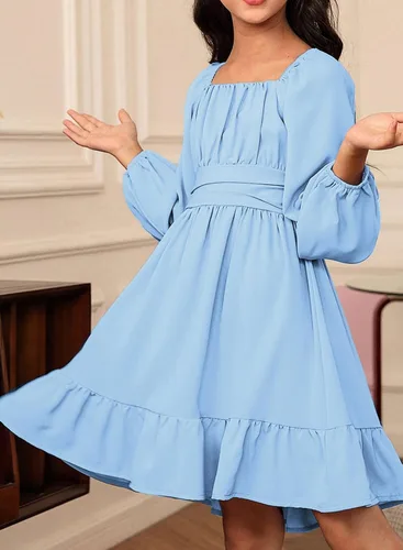 Vista 3 de blibean Vestido de manga larga con lazo en la espalda para niñas, vestido de otoño con hombros descubiertos, talla 6-15 años