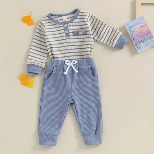 Vista 3 de Maemukilabe Conjunto de sudadera de manga larga a rayas para bebé recién nacido, conjunto de pantalones con cordón