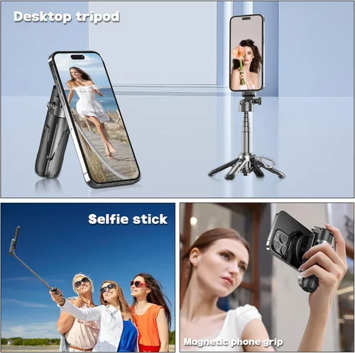 Vista 2 de Trípode magnético para teléfono con control remoto, palo selfie extensible Handle Grip Pocket Size, 4-in-1 Mini Phone Grip, 10m Wireless Shutter