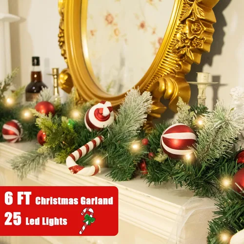 Vista 5 de Guirnalda de Navidad Iluminada para Interiores y Exteriores, Decoraciones de Guirnaldas de Navidad Artificiales con Luz de Repisa, Bastón