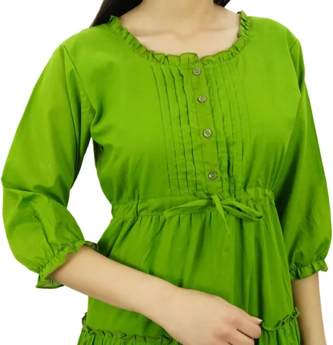 Vista 3 de Bimba Vestido largo de algodón de verano con manga 34 para mujer con cordón en la cintura