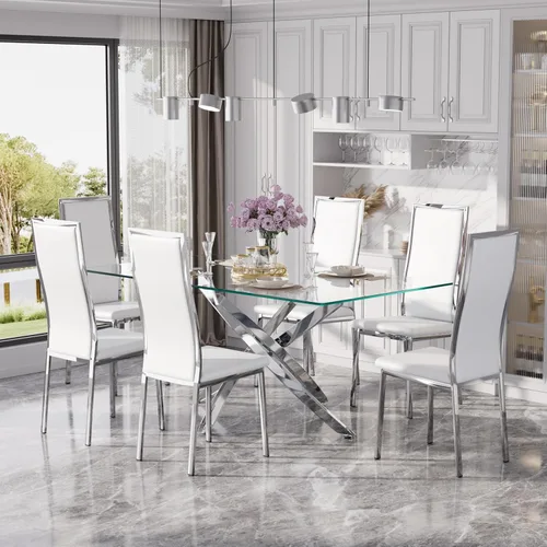 Vista 45 de Juego de mesa de comedor de cristal dorado moderno de 63 pulgadas para 6, juego de mesa de cocina rectangular de 7 piezas con patas de acero Negro