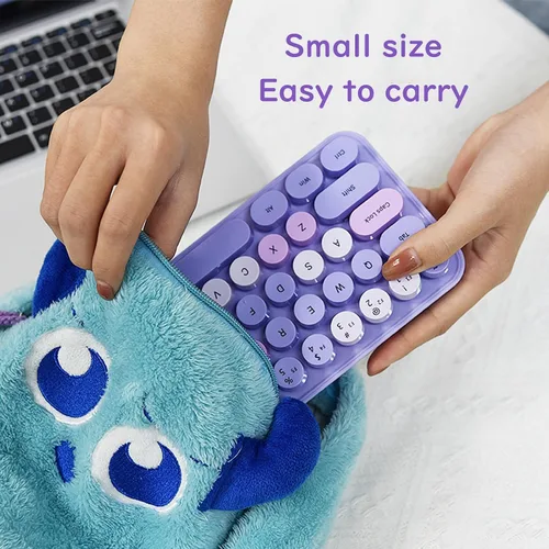 Vista 15 de Combo compacto de teclado y mouse inalámbricos, teclas redondas coloridas, 68 teclas sin sonido, adecuado para niñas y niños, compatible con Azul