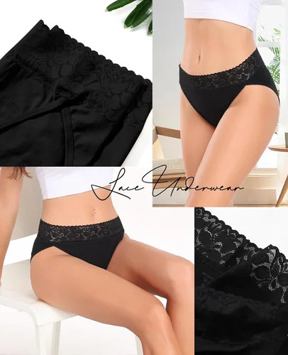 Vista 3 de RHYFF Ropa interior de algodón para mujer, bragas de encaje de corte alto Negro