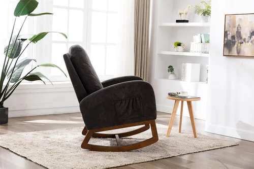 Vista 5 de Mecedora de madera tapizada de tela, silla mecedora de respaldo alto copetuda con asiento y respaldo acolchados, silla mecedora para cuarto de bebé