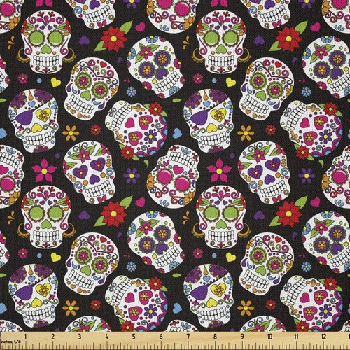 Vista 114 de Ambesonne The Yard, tela de calavera colorida con temática de Halloween, diseño de calavera y huesos cruzados, divertido estampado de dibujos