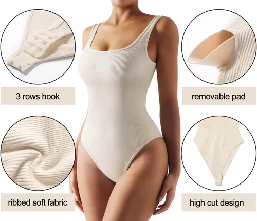 Vista 5 de MOSHENGQI Body sin mangas acanalado para mujer, sexy, sin mangas, cuello cuadrado