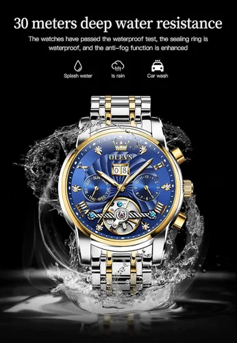 Vista 3 de OLEVS - Reloj automático para hombre con diseño de esqueleto de 5 manecillas clásico de lujo multicalendario de acero inoxidable impermeable