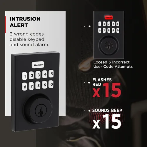 Vista 6 de Kwikset Powerbolt 250 - Cerradura electrónica contemporánea con teclado de 10 botones, color negro mate, con cómoda entrada sin llave, códigos