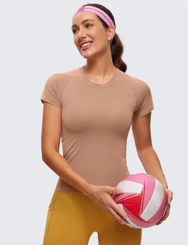 Vista 3 de CRZ YOGA Camisetas de entrenamiento sin costuras para mujer, transpirables, de manga corta, para gimnasio, correr, yoga, atléticas