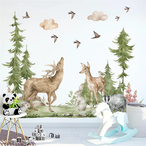 Vista 7 de Calcomanías de pared grandes de alce sika con alce de bosque, selva tropical, selva tropical, animales de selva, conejo, tejón, erizos, vinilo