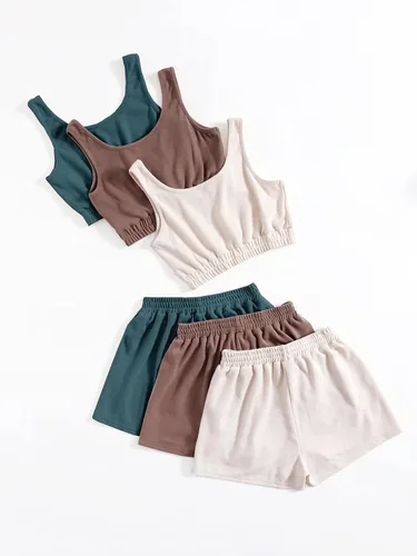Vista 3 de SheIn Conjunto de 6 piezas para mujer, camiseta corta sin mangas y pantalones cortos con cintura elástica