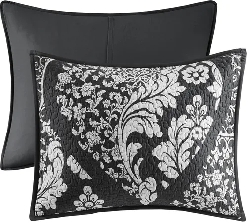 Vista 11 de Madison Park Vienna - Colcha reversible de algodón, diseño de costuras de lujo, para todas las estaciones, ropa de cama transpirable, fundas, Negro