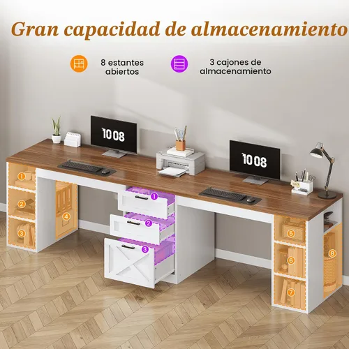 Vista 5 de SEDETA Farmhouse 96.5" 2 Person Computer Desk with Storage Drawers White and Brown
