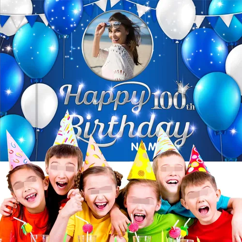 Vista 5 de Cartel decorativo personalizado de feliz cumpleaños número 100 – Cartel personalizado de fiesta de cumpleaños azul marino en tamaños grandes, fotos