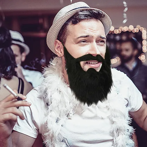 Vista 6 de AQWAL Barba falsa para fiesta, divertida barba falsa en la espalda, pelo facial bigote, barba falsa de cabello negro, peluca de bigote de barba