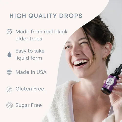 Vista 6 de Drop Saúco Gotas líquidas con vitamina C, 100 mg de saúco negro orgánico, apoyo inmunológico diario para niños y adultos, sabor natural a uva, sin