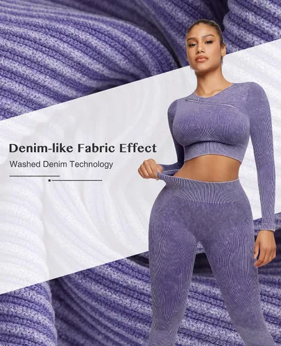 Vista 5 de FeelinGirl Conjuntos de entrenamiento para mujer, 2 piezas, manga larga, trajes de yoga, gimnasio, sin costuras, acanalados, cintura alta, leggings