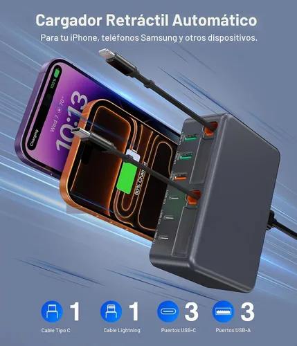 Vista 3 de Bloque de cargador USB C retráctil 8 en 1, concentrador de estación de carga múltiple GaN de 120 W con cable de iluminación y tipo C, enchufe