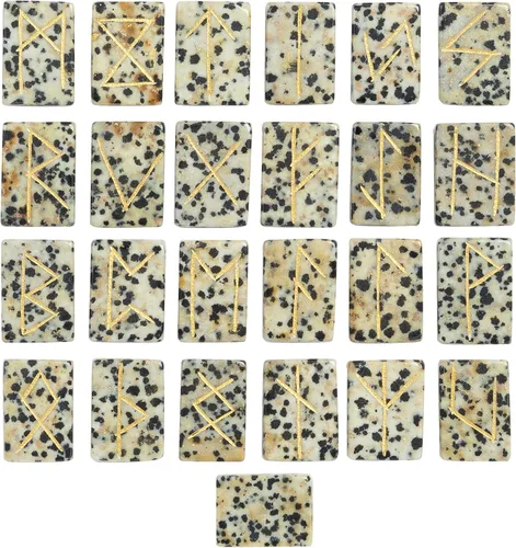 Vista 10 de Crocon Runas de piedras preciosas con forma rectangular de piedra solar con alfabeto de Futhark de élder grabado, juego de 25 runas de cristal