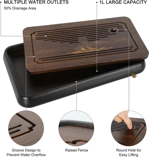 Vista 5 de Ufine Bandeja de té de gongfu de bambú de 15 pulgadas con drenaje de almacenamiento de agua Bandeja de servir de té chino Kung Fu Bandeja de mesa