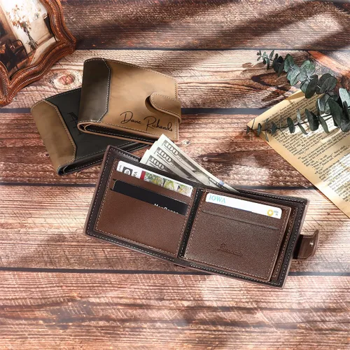 Vista 5 de Billeteras personalizadas para hombres, para papá, regalos para padres, foto delgada, tarjetero, piel sintética, grabada, imagen de cumpleaños