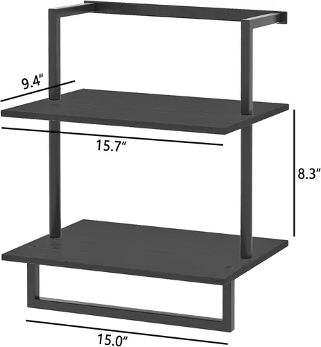 Vista 3 de Toallero montado en la pared para baño, soporte de almacenamiento de baño, estante de toalla de madera de acero de 3 niveles con barra, negro
