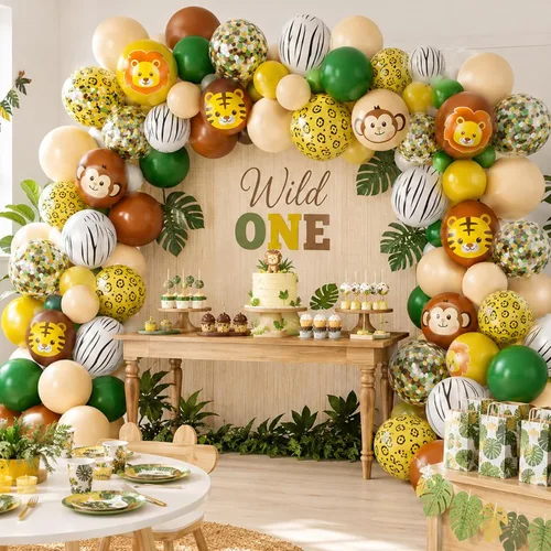 Vista 3 de Globos de animales, 60 globos de fiesta de 12 pulgadas, color verde y marrón crema, globos estampados de guepardo de animales para decoración